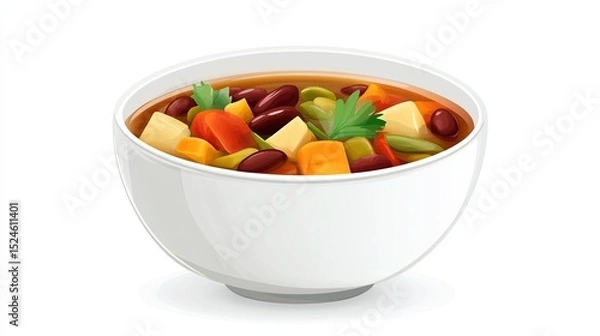 Fototapeta A white bowl brimming with hearty vegetable soup, featuring kidney beans, carrots, potatoes, green beans, and fresh parsley,  set against a stark white background