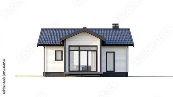 Fototapeta A digitally rendered image showcases a small, single-story house with white siding, dark grey roof, and large glass doors leading to a patio.  A chimney is visible on the roof