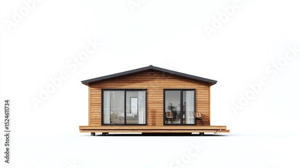 Fototapeta A contemporary, single-story wooden cabin on a raised deck, featuring a gabled roof, large sliding glass doors, and dark grey accents.  The house is shown in a front view against a white background