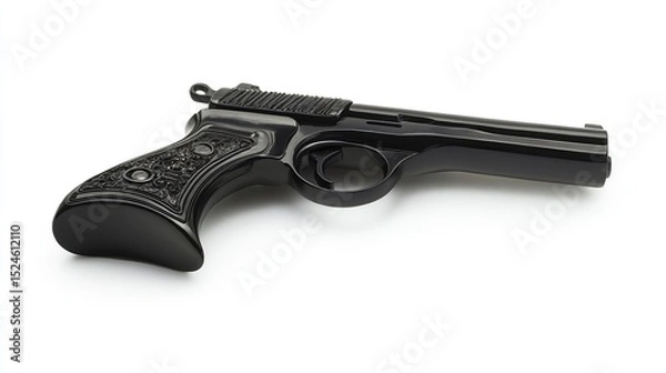Fototapeta Sleek, black semi-automatic pistol with checkered grip, angled slightly to the right, isolated on a stark white background; showing intricate detailing on the handle