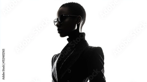 Fototapeta Silhouette of a stylish Black woman with short hair, sunglasses, turtleneck, and structured jacket, viewed in profile against a bright white background
