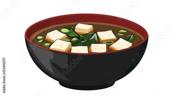 Fototapeta A bowl of miso soup with tofu cubes and seaweed, garnished with green onions, in a dark-rimmed bowl
