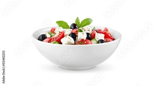 Fototapeta A vibrant Greek salad, featuring cubed feta cheese, ripe cherry tomatoes, Kalamata olives, and cucumber, is presented in a pristine white bowl, garnished with fresh basil