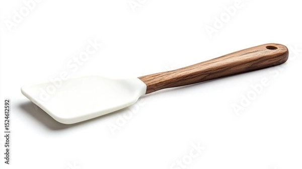 Fototapeta White silicone spatula with a dark wood handle, shown angled on a white background, casting a slight shadow