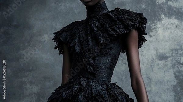 Fototapeta Close-up of a model's torso in a dark, textured, feather-like, high-necked gown against a mottled gray backdrop.  The dress features intricate detailing and a fitted bodice
