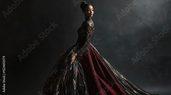 Fototapeta A Black woman in a dramatic, floor-length gown with black lace bodice and a crimson-red, full skirt.  She is posed in profile against a dark, smoky background, her gaze directed away