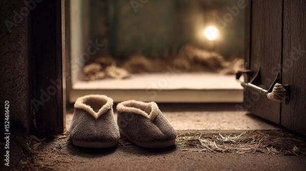 Obraz A pair of slippers at a shelters entrance, symbolizing home away from home.