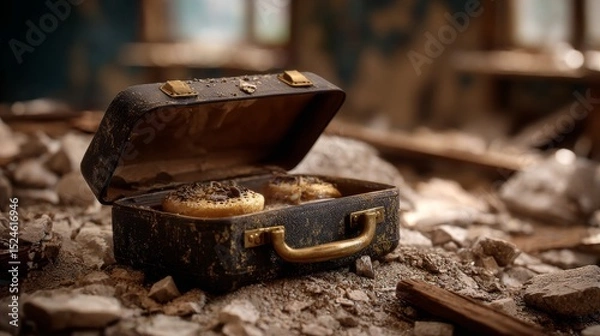 Obraz A lunchbox unopened in a collapsed school, symbolizing interrupted routine.