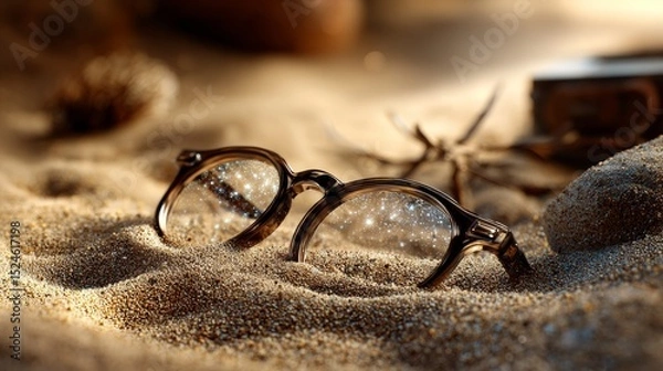 Obraz A pair of eyeglasses in the sand, symbolizing lost clarity and forgotten perspective.