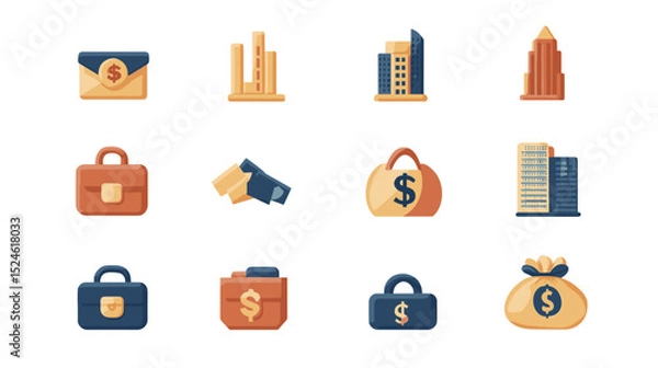 Fototapeta A collection of flat vector cartoon business growth icons including briefcase skyscraper bar chart and money bag on white background no shading no gradients
