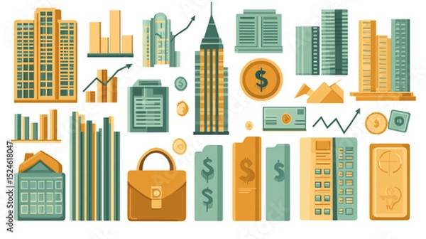 Fototapeta A collection of flat vector cartoon business growth icons including briefcase skyscraper bar chart and money bag on white background no shading no gradients
