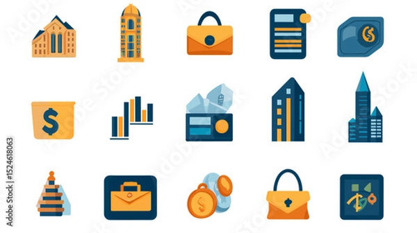 Fototapeta A collection of flat vector cartoon business growth icons including briefcase skyscraper bar chart and money bag on white background no shading no gradients
