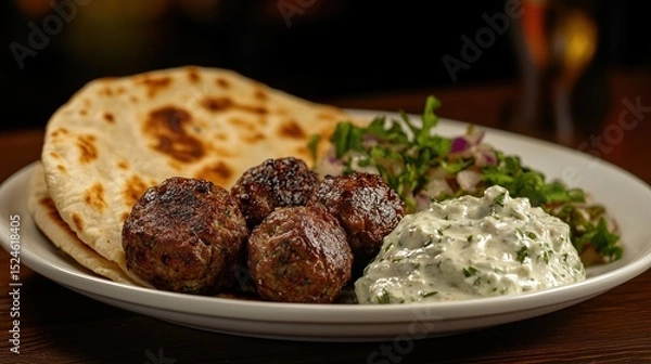 Fototapeta Grilled meatballs served with flatbread, a creamy herb sauce, and a vibrant salad of finely chopped red onion and parsley on a white plate atop a dark wooden surface