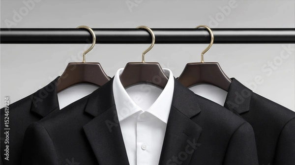 Obraz Stylish Suits on Wooden Hangers: Three elegant black suits, neatly arranged on dark wooden hangers, exude sophistication and style, ready for a business meeting or a special occasion.