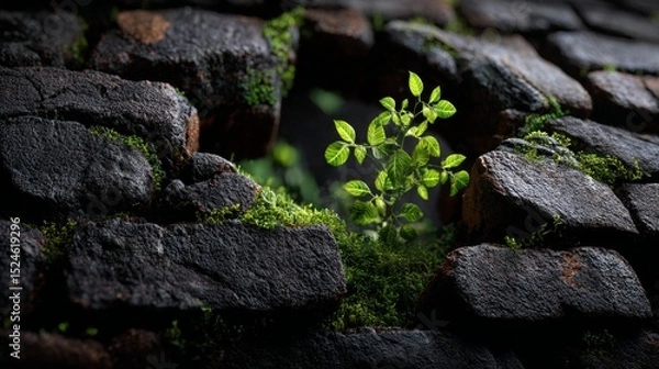 Obraz A plant growing out of a broken wall, symbolizing rebirth and the persistence of life.