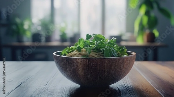 Fototapeta A rustic wooden bowl filled with pasta and fresh basil sits on a dark wood table, bathed in soft, natural light from a nearby window, with blurred indoor greenery in the background