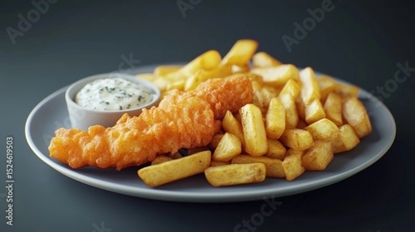 Fototapeta A grey plate holds a crispy golden-brown fish fillet, accompanied by a generous portion of chunky golden fries and a small bowl of creamy, herb-flecked sauce, all set against a dark background