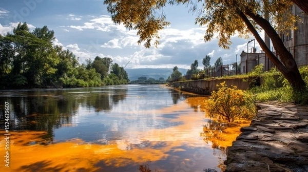 Obraz A river dyed with chemical waste, symbolizing industrial pollution.