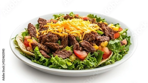 Fototapeta A vibrant salad featuring seasoned steak, corn, tomatoes, shredded cheese, and lettuce, served on a bed of crisp tortilla chips in a white bowl