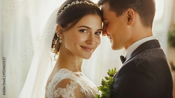 Fototapeta A smiling bride in a lace gown and veil, forehead touching her groom in a dark suit, near a bright window