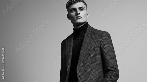 Fototapeta Monochrome portrait of a young man with styled hair, wearing a dark turtleneck sweater under a textured gray blazer, hands in pockets, against a neutral backdrop