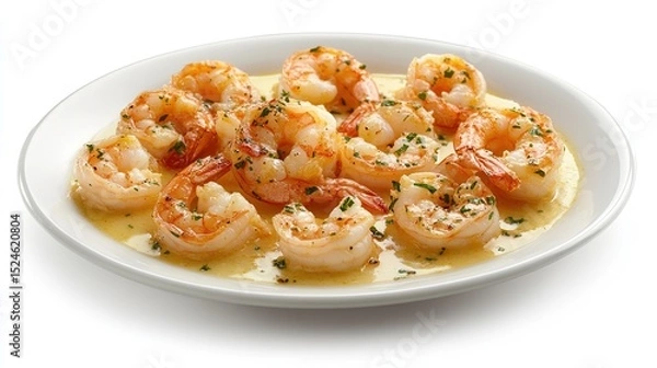 Fototapeta A white plate holds succulent, butter-garlic sauteed shrimp, glistening with a light yellow sauce and sprinkled with fresh herbs.  The shrimp are plump and pinkish-orange