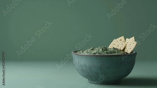 Fototapeta A teal bowl of vibrant green spinach dip, garnished with two crackers, sits on a matching green surface against a muted green backdrop.  The lighting is soft and even