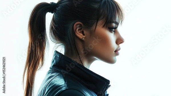 Fototapeta Profile view of a young woman with dark hair in a high ponytail, wearing a black leather jacket, against a bright white background.  Her expression is serious and her bangs partially obscure her eyes