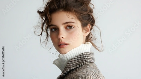 Fototapeta Close-up portrait of a young woman with tousled brown hair styled up, wearing a white turtleneck and a brown patterned blazer, looking over her shoulder against a light gray background