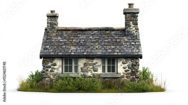 Fototapeta A quaint, rustic stone cottage with a grey slate roof, two stone chimneys, and small windows, nestled amidst low-lying greenery against a stark white backdrop