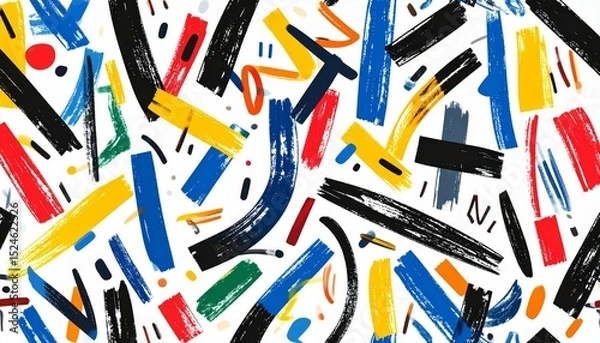Fototapeta A vibrant, abstract composition featuring bold, multicolored brushstrokes in black, yellow, blue, red, and green, dynamically arranged against a white background creating a lively and energetic