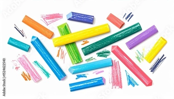 Fototapeta A vibrant array of colorful chalk sticks scattered on a white background, with strokes of color adding to the artistic scene.  The image evokes a sense of creativity and playful