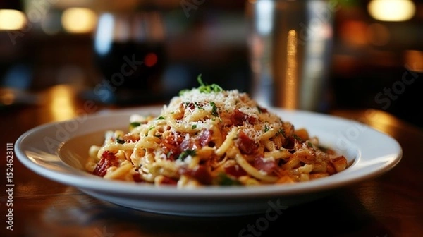 Fototapeta Creamy pasta dish, generously topped with cheese and herbs, served on a wide white plate, sits on a wooden table.  A blurry background suggests a restaurant setting