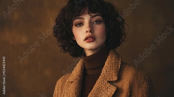Fototapeta A young woman with short, curly brown hair, wearing a brown turtleneck and a textured brown coat, poses against a muted brown backdrop; her gaze is direct and her expression is serious