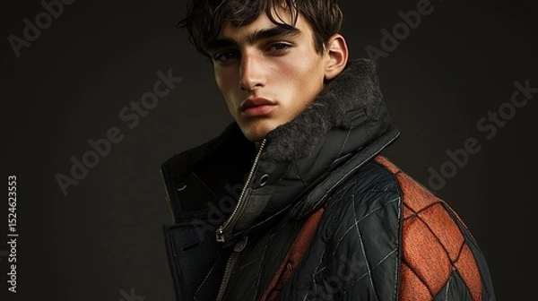 Fototapeta Close-up portrait of a young man with dark hair, wearing a dark quilted jacket with contrasting orange leather panels and a fur-trimmed collar, against a muted gray background