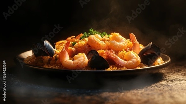 Fototapeta Steaming seafood paella on a dark plate, showcasing large shrimp, mussels, and saffron-infused rice, set against a moody, textured background