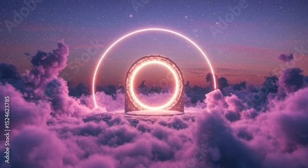 Fototapeta Ethereal portal emerging from vibrant clouds at sunset, creating a mystical atmosphere above