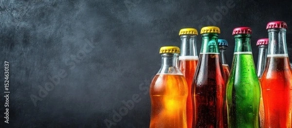 Fototapeta Colorful Soda Bottles on Dark Background, Refreshing Carbonated Drinks