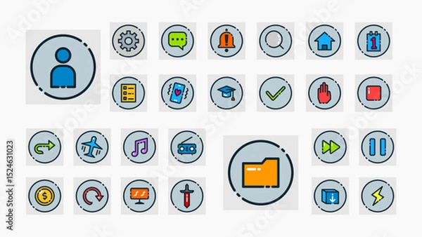 Obraz A modern flat-style interface icon set, including user, file, settings, home, music, chat, arrow, gear, and navigation icons for apps and websites.