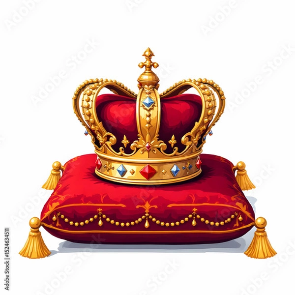Obraz A regal red velvet cushion supports a golden crown adorned with jewels