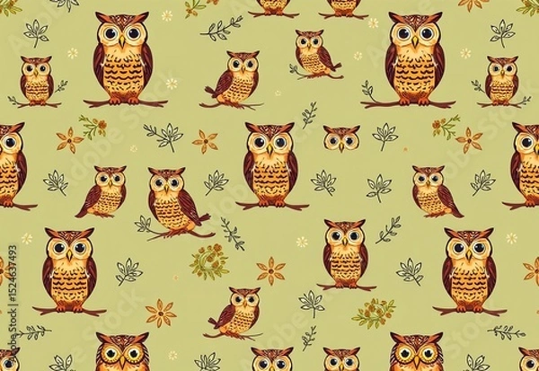 Fototapeta Pattern of Cute Owls on Green Background with Floral Elements