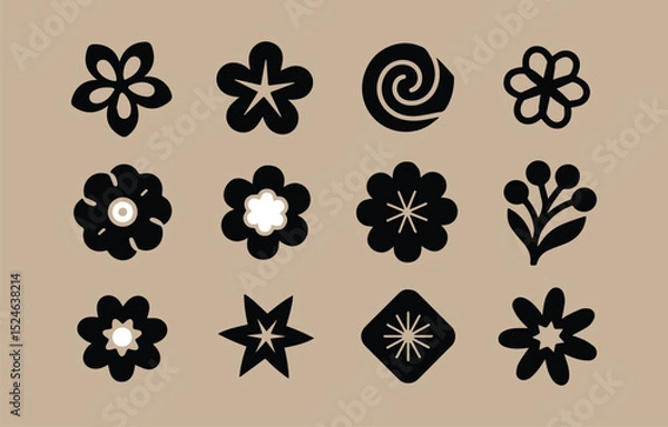 Obraz Twelve simple black and beige floral and star icons
