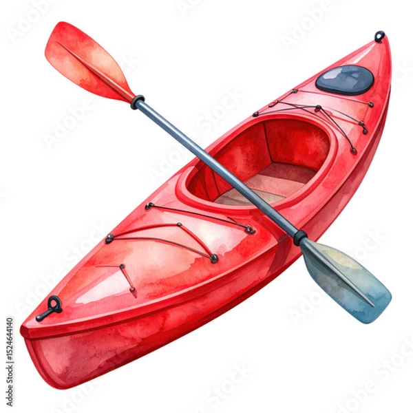 Fototapeta Watercolor style red kayak and paddle isolated on transparent background, summer activity, adventure, recreation.