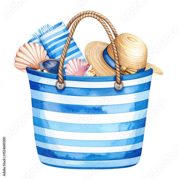Fototapeta Striped beach bag with hat, towel, sunglasses and seashells, isolated on transparent background. Summer vacation, travel, holiday concepts.