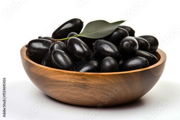 Fototapeta Black olives in a wooden bowl on a white background with depth of field