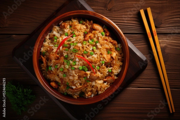 Fototapeta Chicken fried rice cooked and presented in a wok with a wooden background captured from above