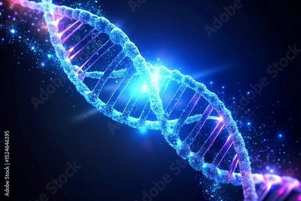 Fototapeta Blue and purple glowing DNA helix with vibrant lights symbolizing complex genetic code