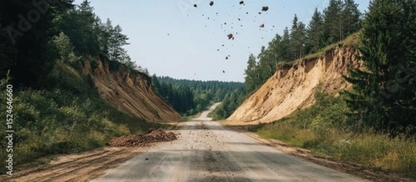 Fototapeta Dramatic erosion along a rural road creating a visually striking scene