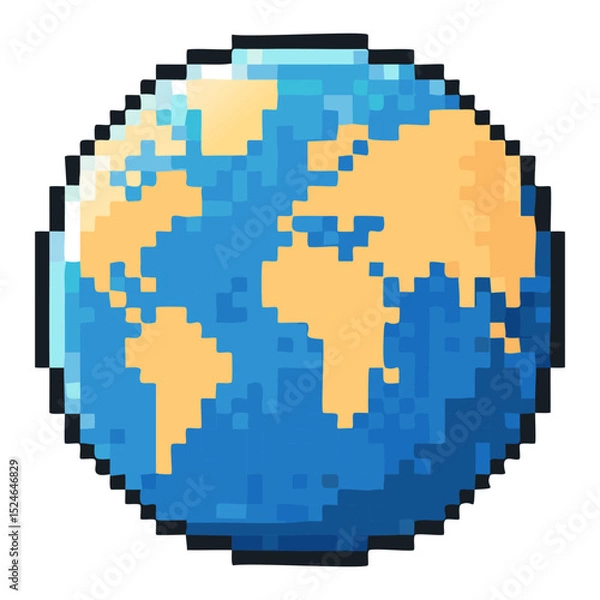 Obraz Pixel art globe illustration showcasing continents and oceans, perfect for gaming, technology, and environmental themes