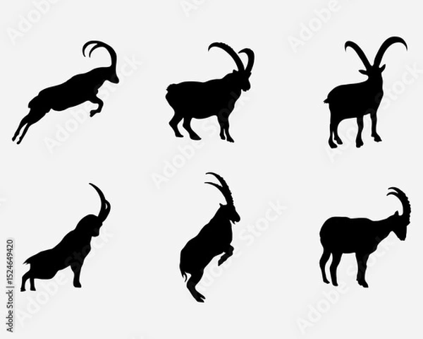 Fototapeta ibex silhouette vector illustration collection .mountain goat long horn black shadow pictogram icon isolated on background